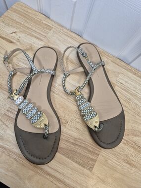 AERIN Leah Leather Thong Sandals Gold Fish Metallic Green Flat Slide Size 7.5